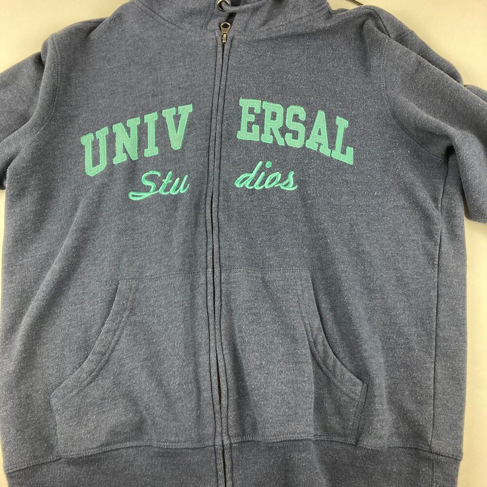 Universal Studios Men M Blue Full Zip Hoodie Embroidered Spellout Theme Park